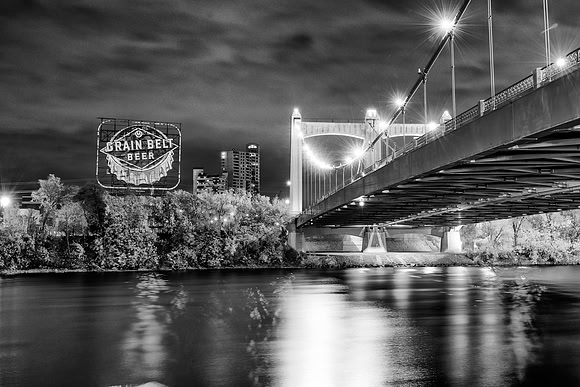 grain belt, beer, hennepin avenue, bridge, minneapolis, minnesota, mississippi, river