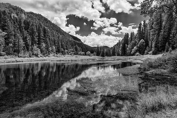 spearfish canyon, lake, pond, reflection, clouds, landscape, black and white, black hills, south dakota