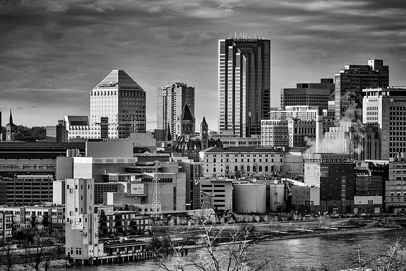 saint paul, skyline, minnesota, black and white, monotone
