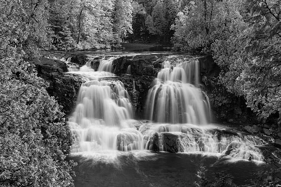 gooseberry, falls, waterfall, north shore, lake superior, black and white, monotone